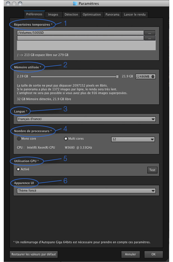 Préférences du logiciel Autopano Giga/Pro